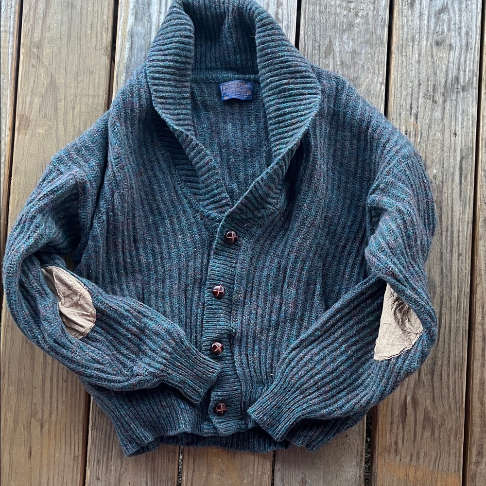 Vintage 70s Pendleton Shawl Collar Wool Sweater Men’s Medium Elbow Patch